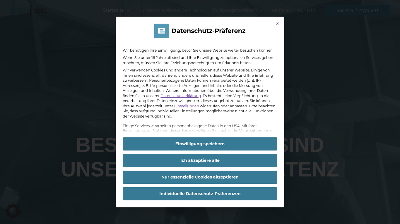Monitorprint der Firmenwebsite
